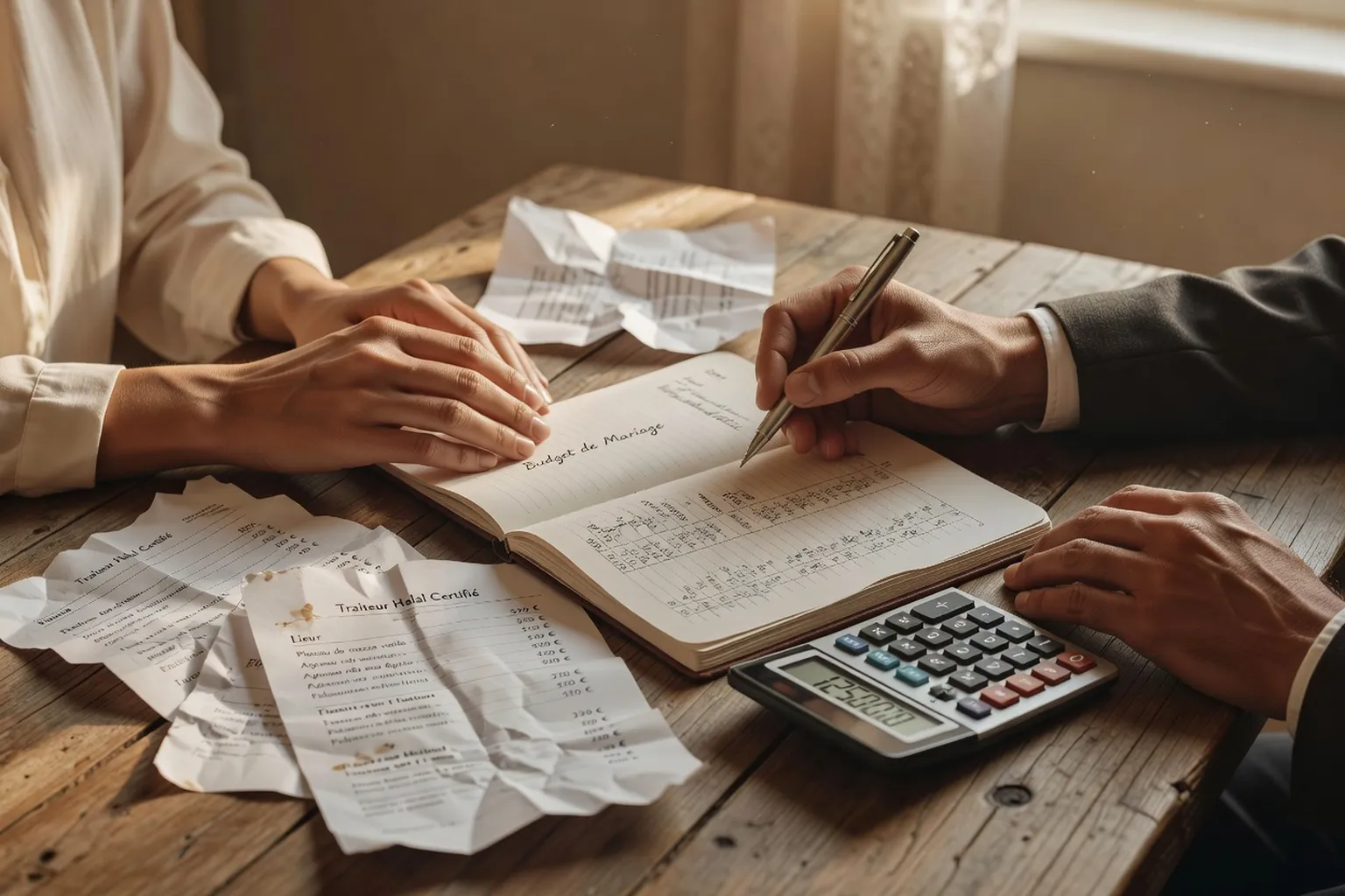 Couple préparant le budget de son mariage musulman avec calculatrice et factures