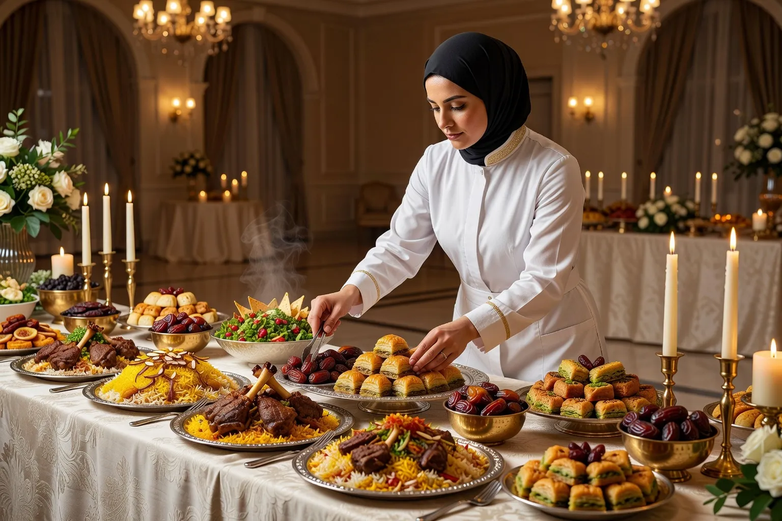 Table de walima dressée avec buffet traiteur halal élégant