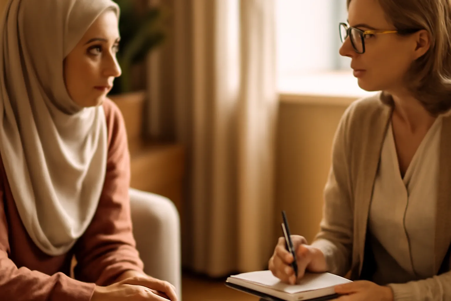 Séance de consultation conjugale chaleureuse entre une conseillère et une femme musulmane portant le hijab