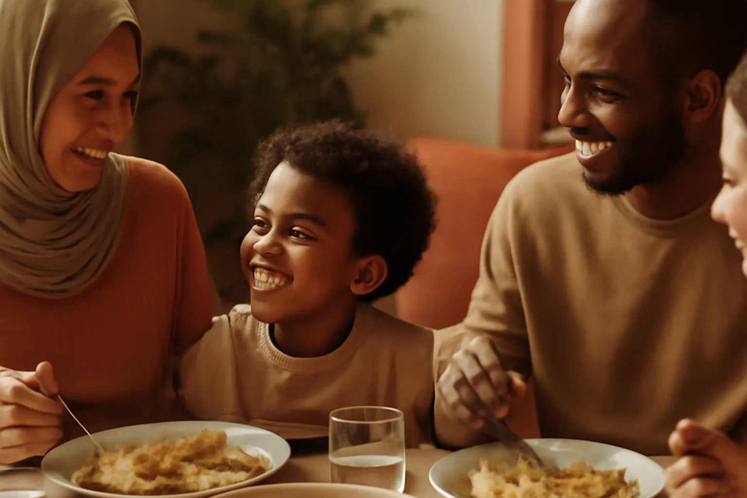 Famille musulmane recomposée partageant un repas chaleureux à la maison