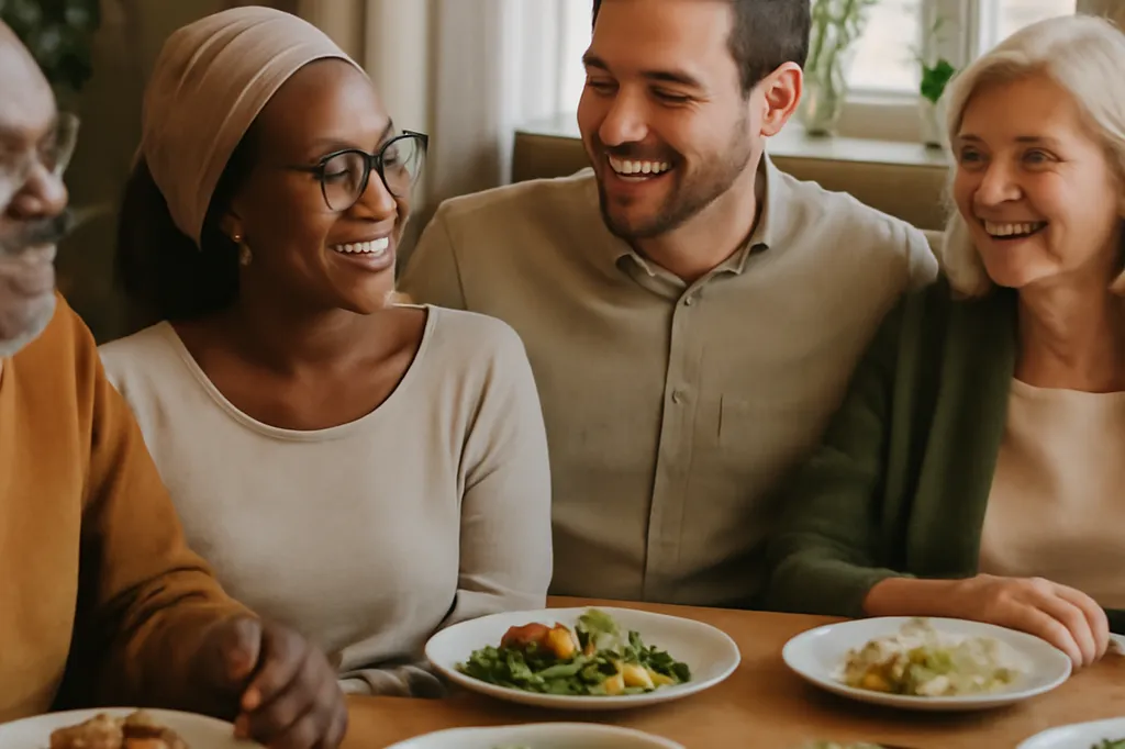 Famille élargie interculturelle réunie autour d'un repas partagé