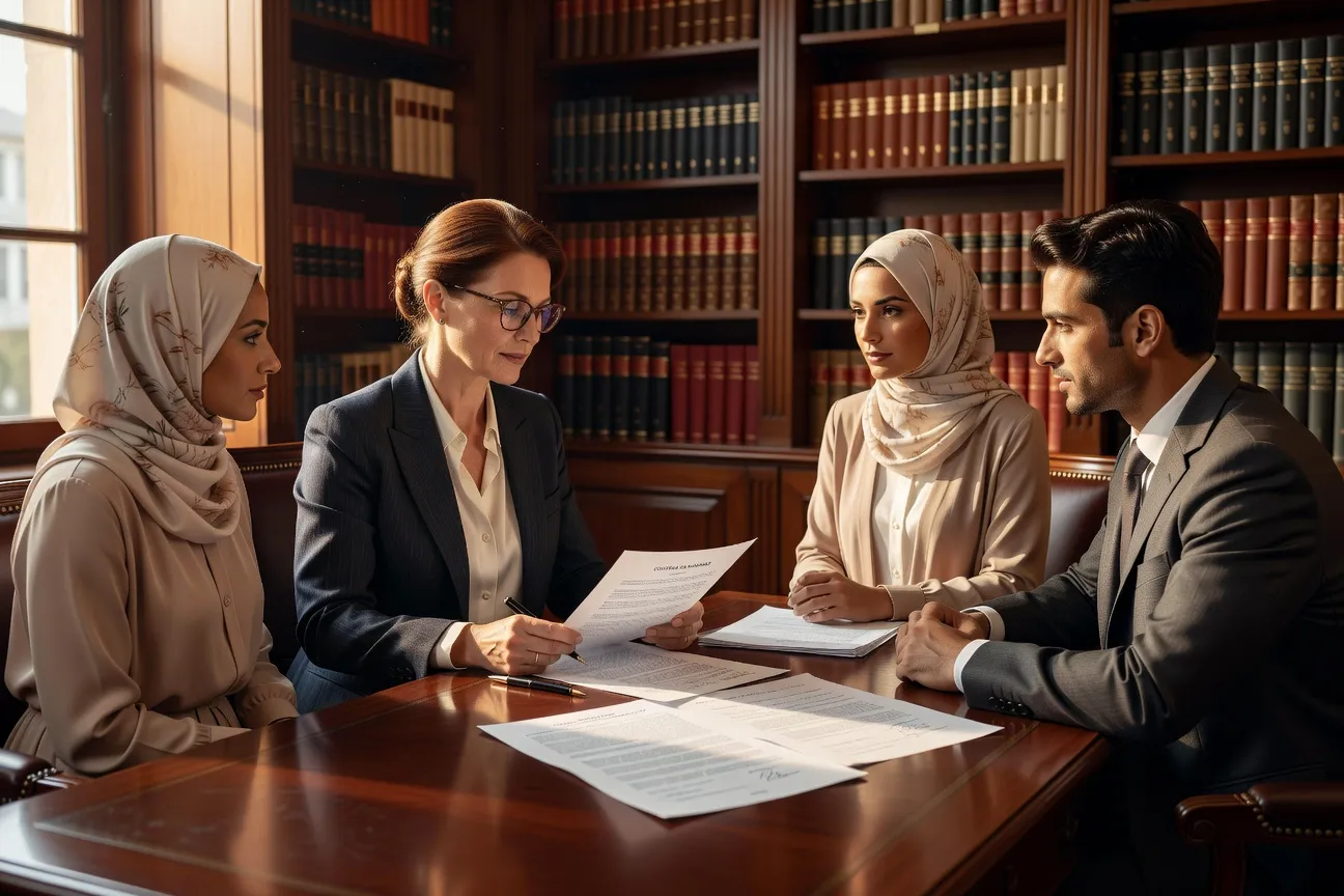 Notaire française examinant un contrat de mariage avec un couple musulman