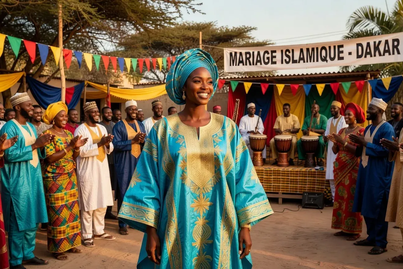 Mariée sénégalaise en Boubou or et turquoise lors d'un mariage islamique
