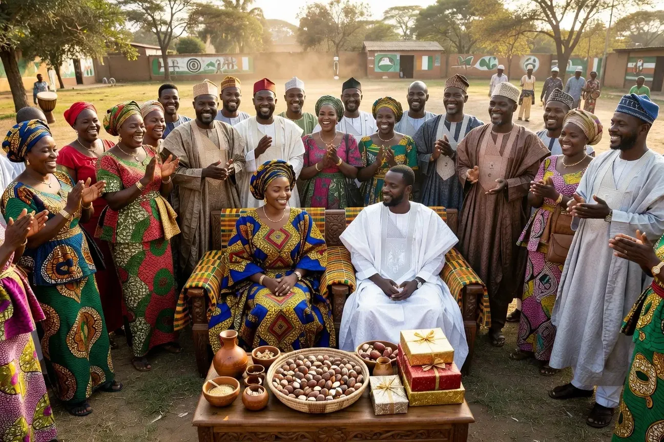 Cérémonie de mariage islamique ivoirien en plein air avec tenues wax colorées