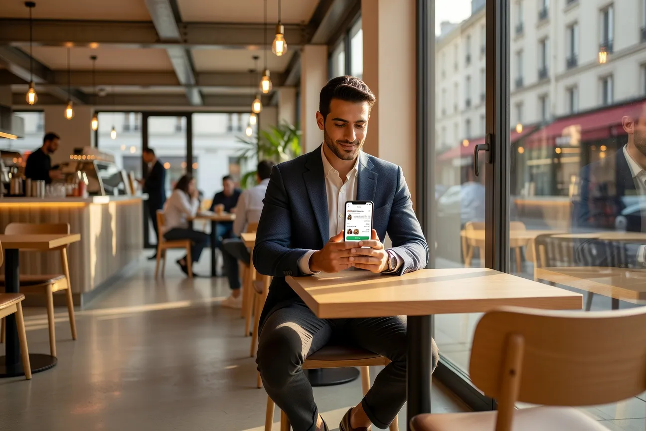 Musulman consultant une app de rencontre halal sur smartphone dans un café