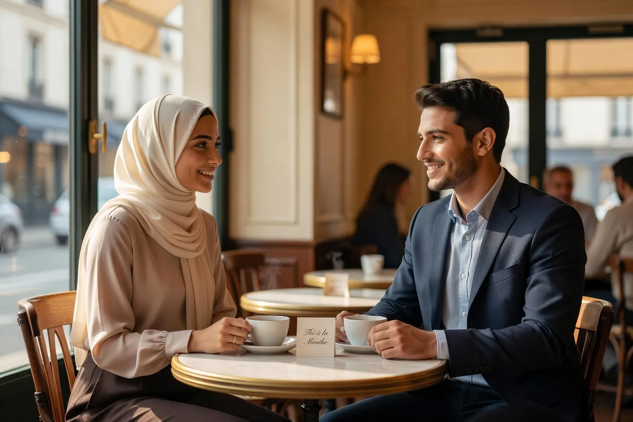 Première rencontre halal entre un couple musulman dans un café