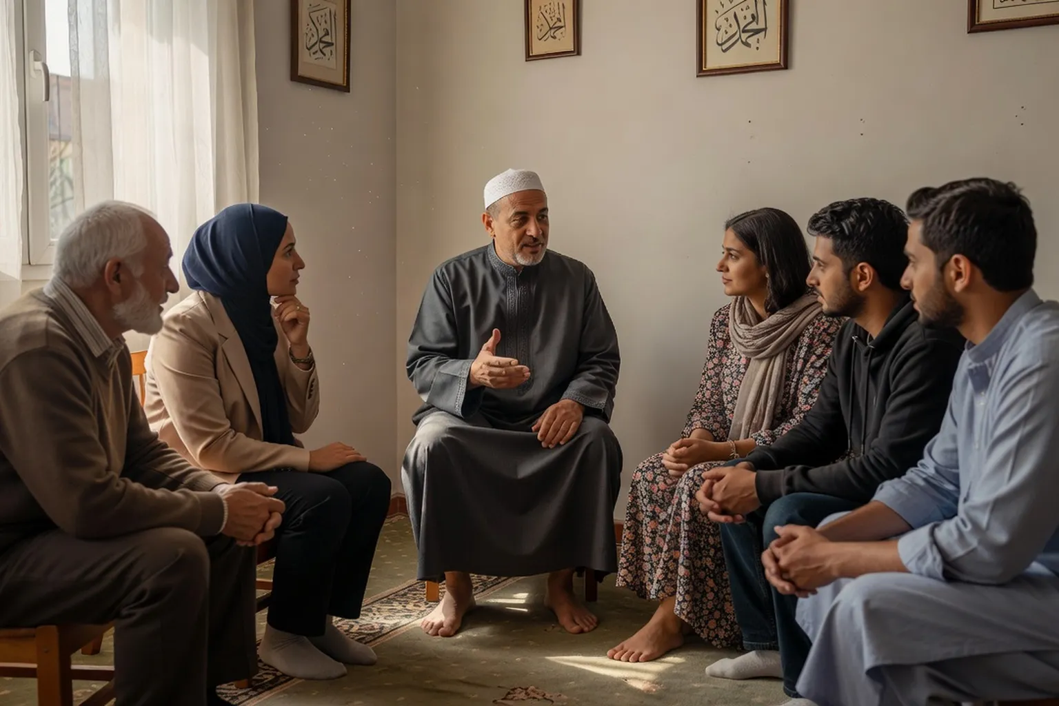 Famille échangeant avec l'imam sur le choix des témoins avant la cérémonie