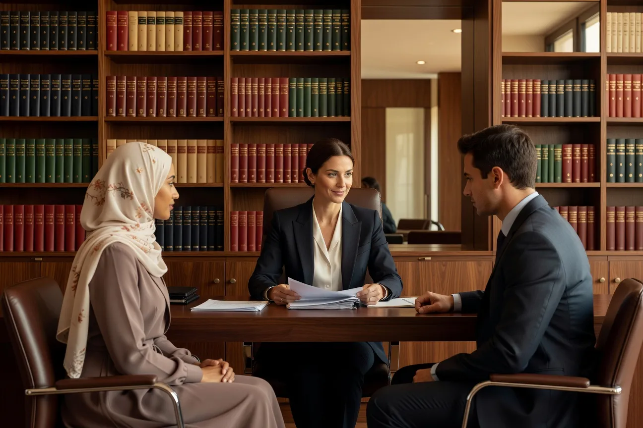 Notaire spécialisée expliquant le mahr islamique à un couple — bureau moderne, cadrage large