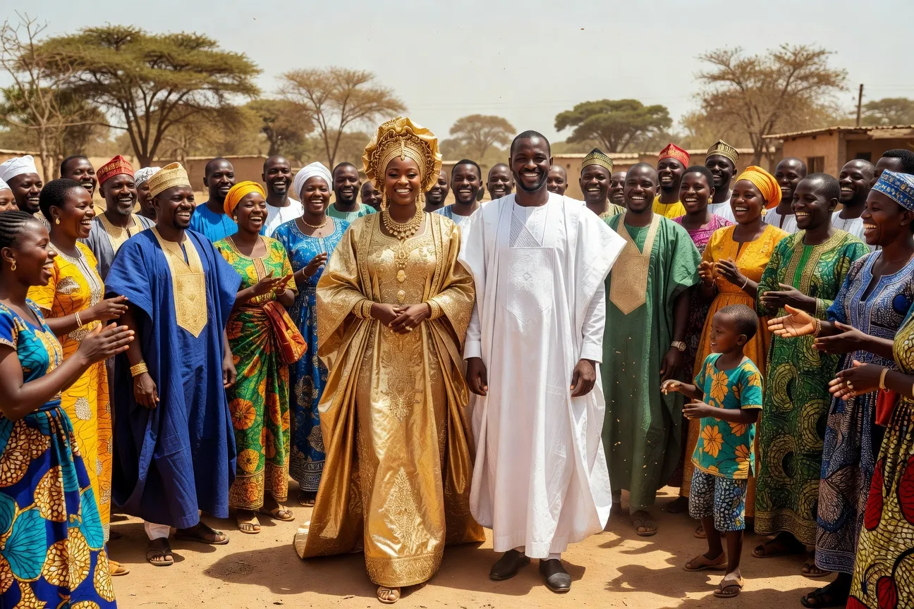 Cérémonie de mariage islamique sénégalais en plein air — tenues traditionnelles colorées, cadrage large
