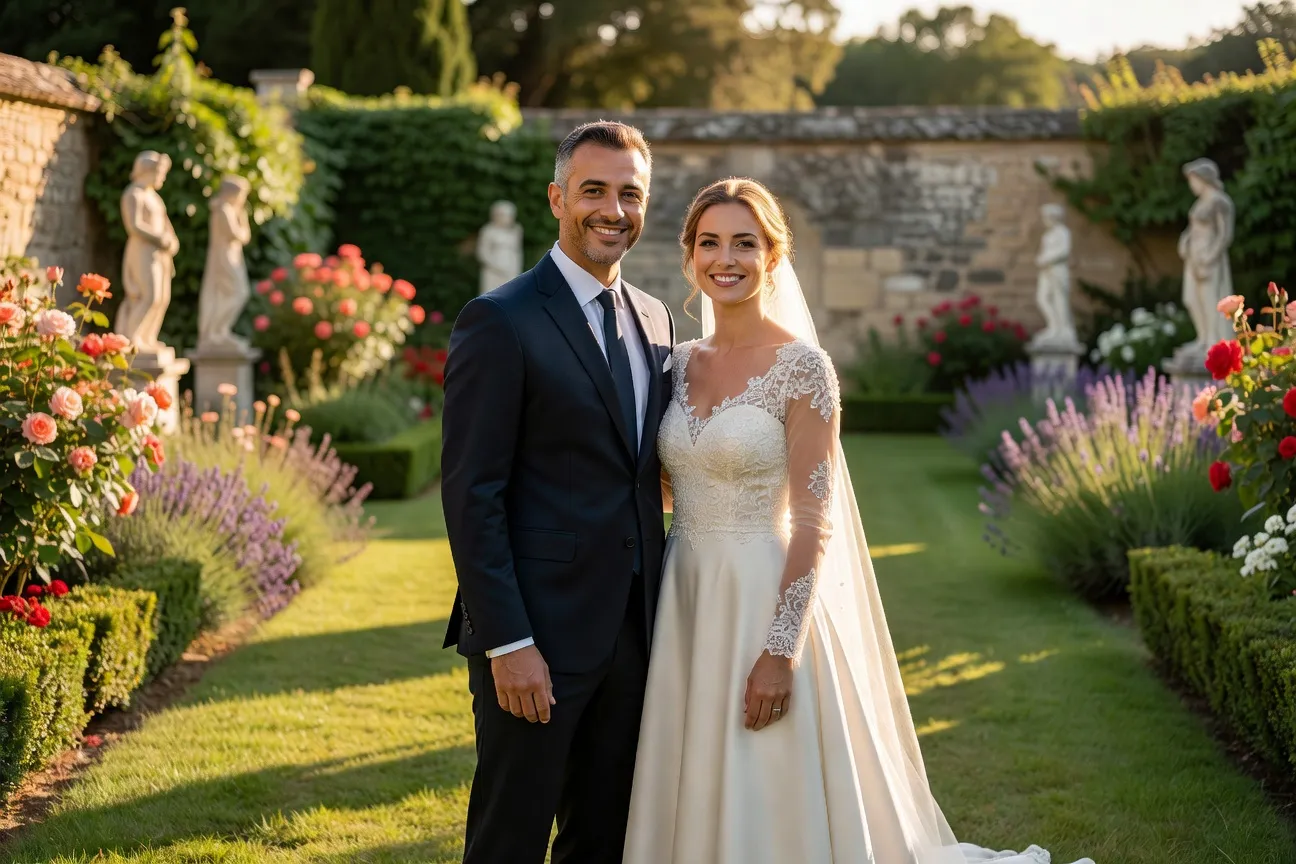 Couple franco-chrétien célébrant leur mariage mixte, ambiance lumineuse — cadrage large