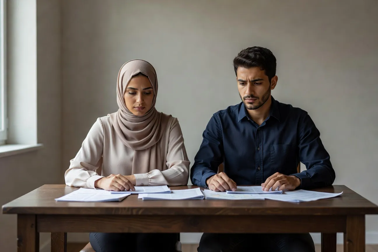 Couple réfléchissant au mariage islamique devant des documents officiels — cadrage large