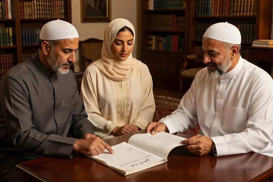 Couple musulman examinant leur contrat de mariage avec un imam