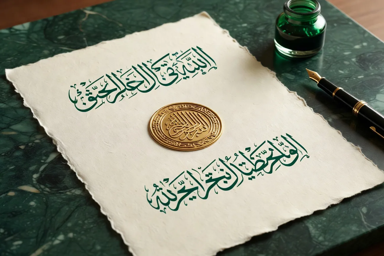 Livres de droit islamique ouverts avec documents légaux, palette jade et or