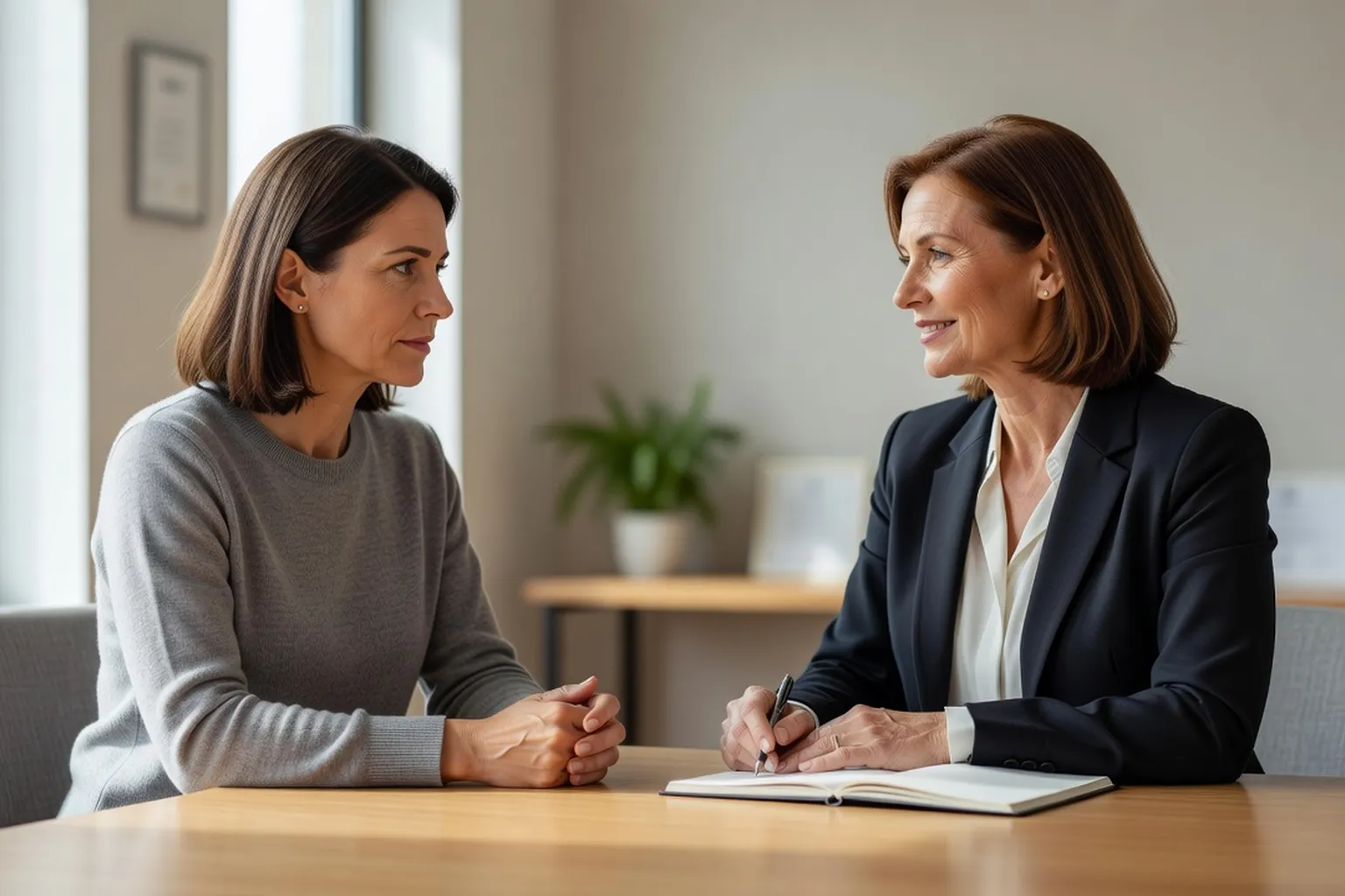 Femme consultant une médiatrice familiale dans un cabinet