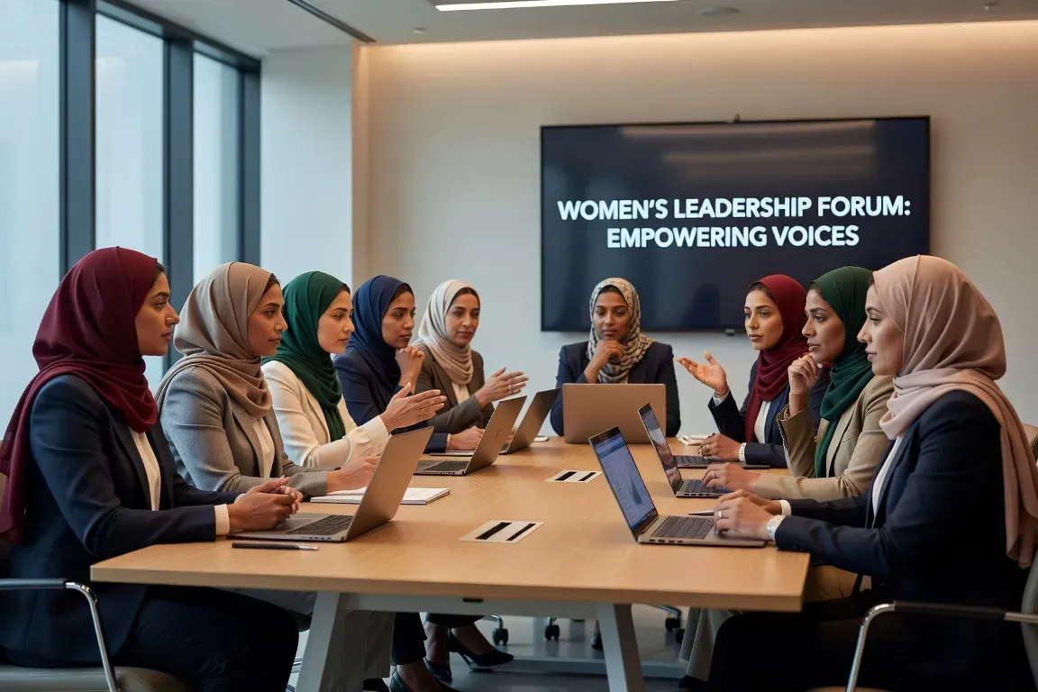 Groupe de femmes musulmanes en discussion dans un cadre contemporain, style éditorial engagé