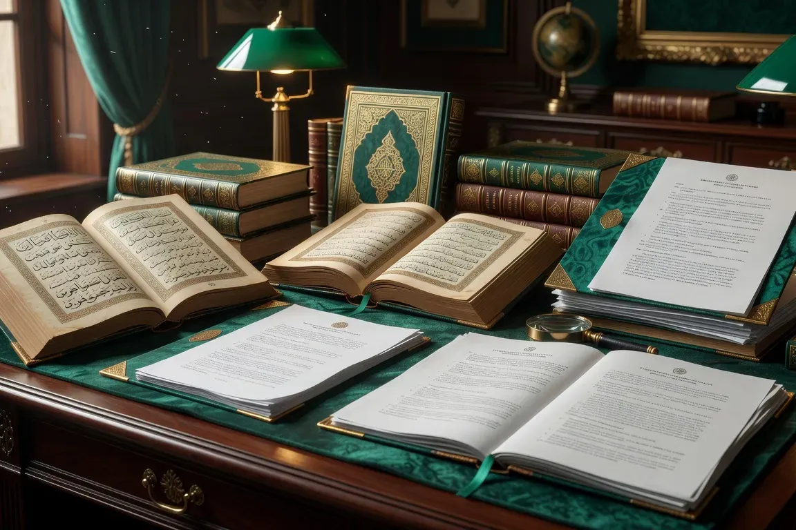 Livres de droit islamique ouverts à côté de documents juridiques contemporains, palette jade et or