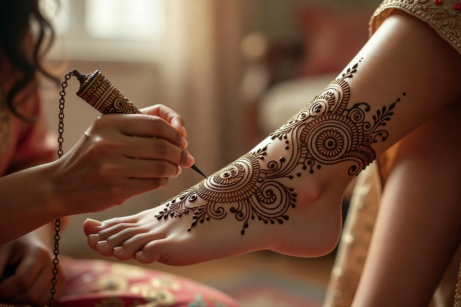 Mains de mariée ornées de motifs au henné pour la nuit du henné