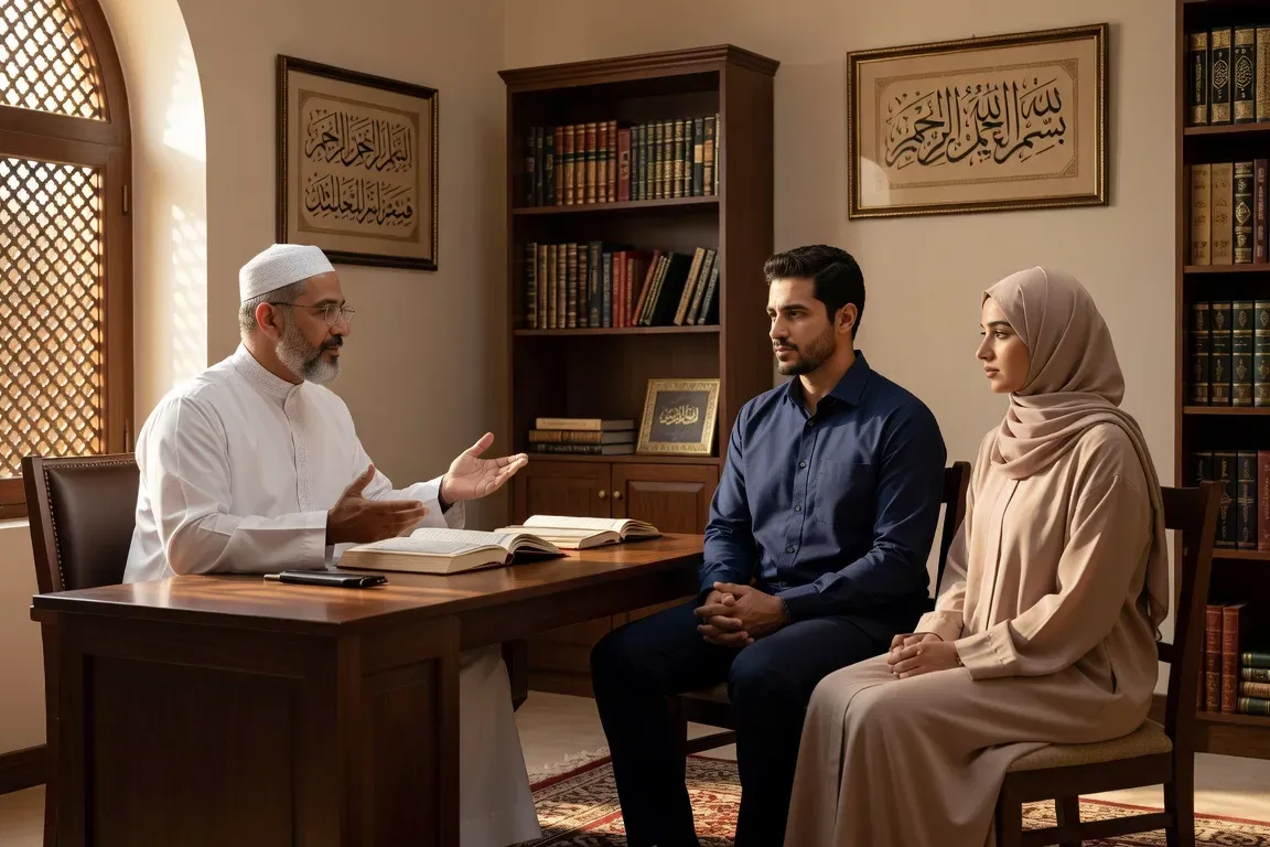 Imam en consultation avec un jeune couple dans un bureau de mosquée, lumière naturelle chaleureuse