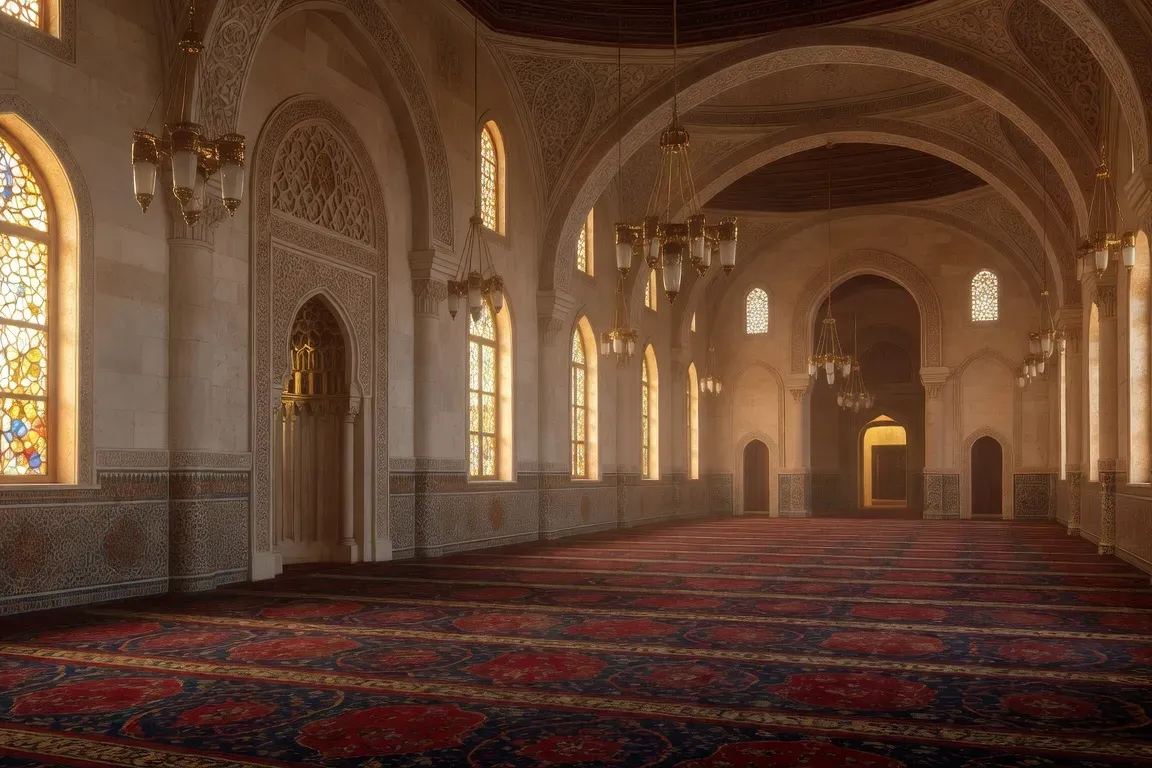 Intérieur d'une salle de prière de mosquée française, lumière dorée apaisante