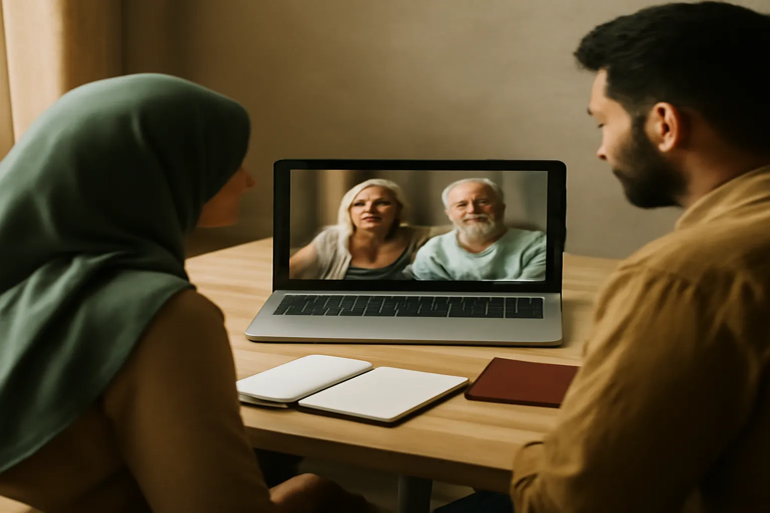 Couple musulman en visioconférence avec la famille pour organiser un mariage à distance