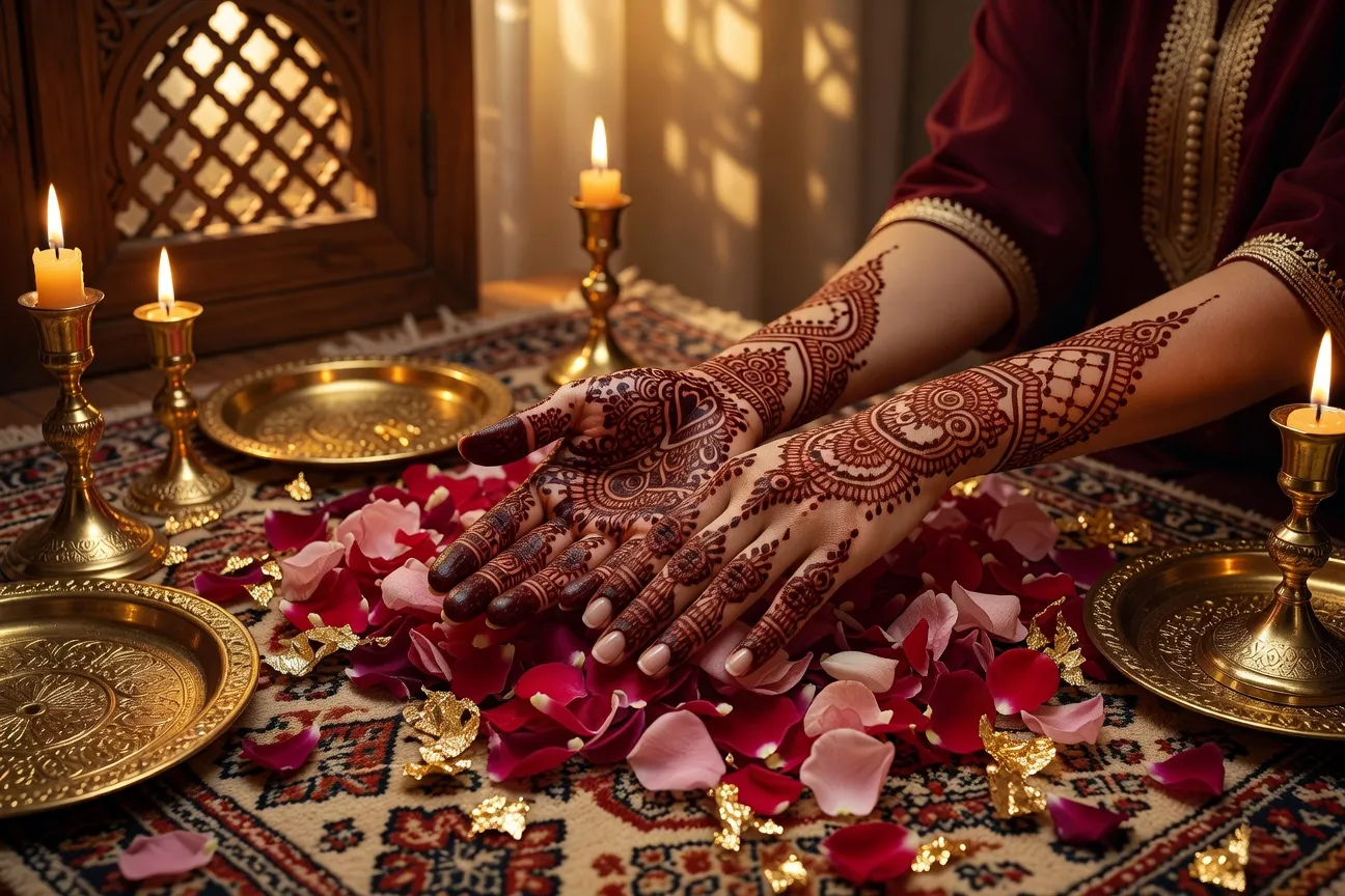 Cérémonie de henné marocain avec décorations dorées, bougies et pétales de rose
