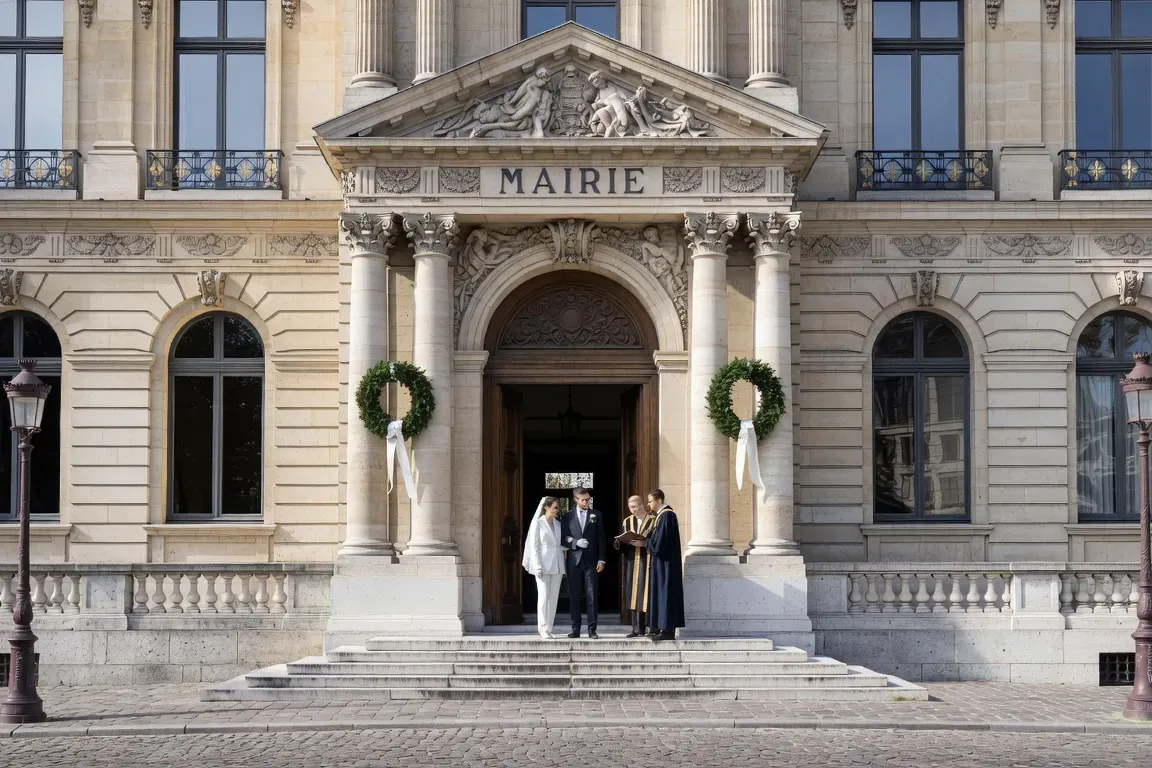 Hôtel de ville français avec un couple franco-maghrébin en tenue de cérémonie