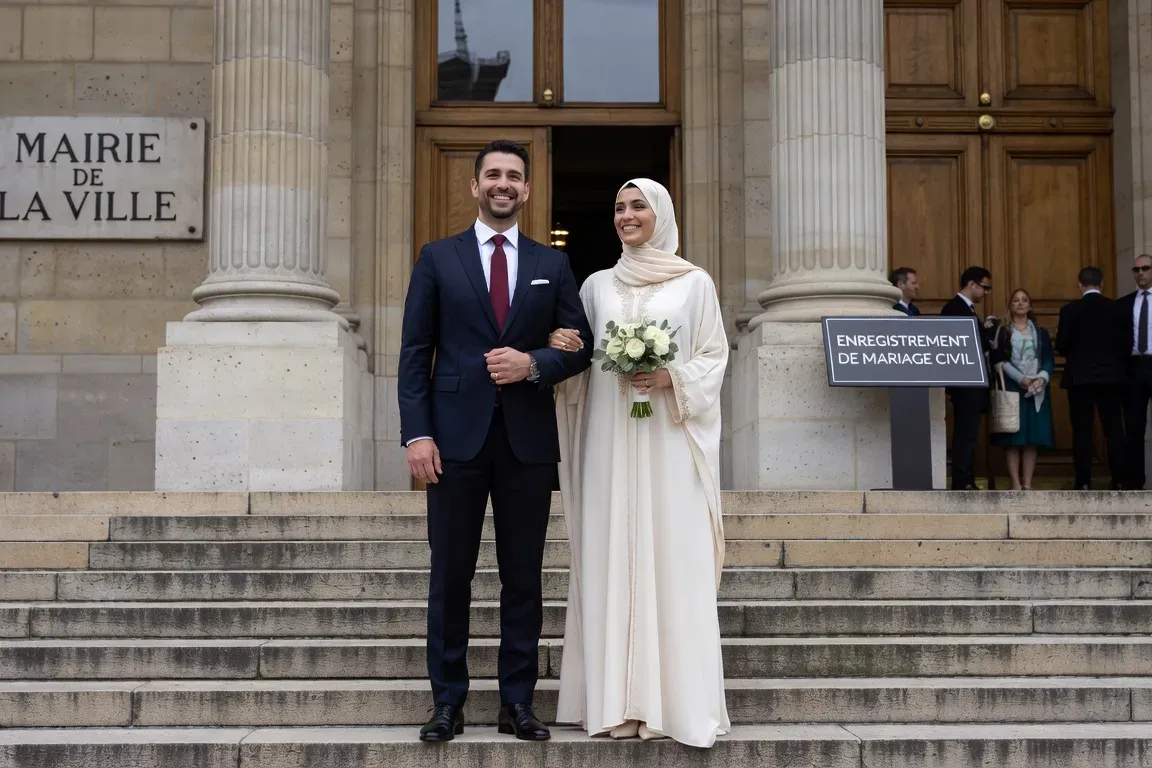 Couple musulman à la mairie française pour le mariage civil, tenue élégante