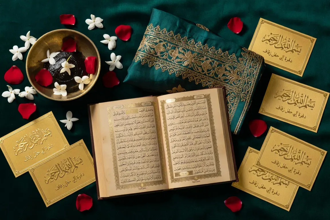 Préparations mariage islamique — henné, fleurs, Coran, faire-parts, palette jade et or