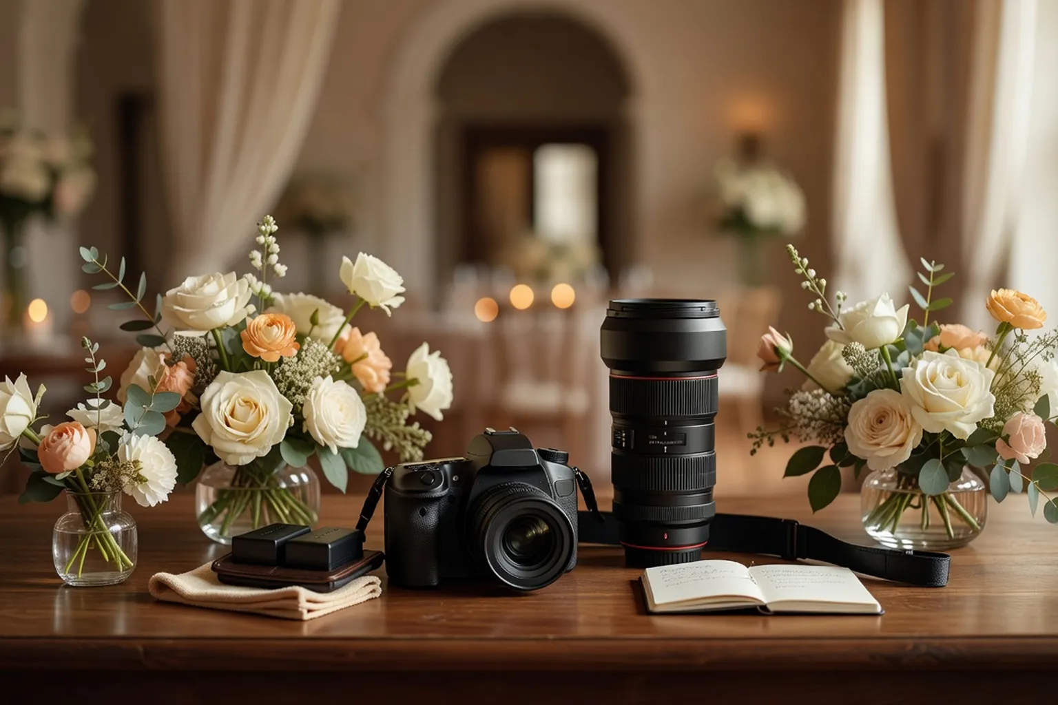 Bouquet de fleurs blanches et vertes sobre posé sur une table de réception, lumière naturelle