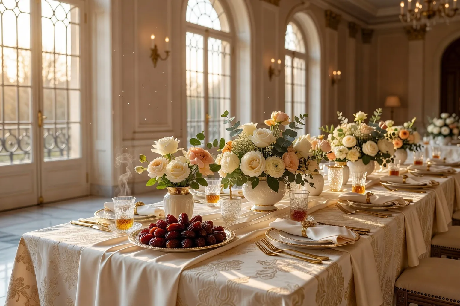 Table de réception de mariage musulman dressée avec décoration élégante et sobre