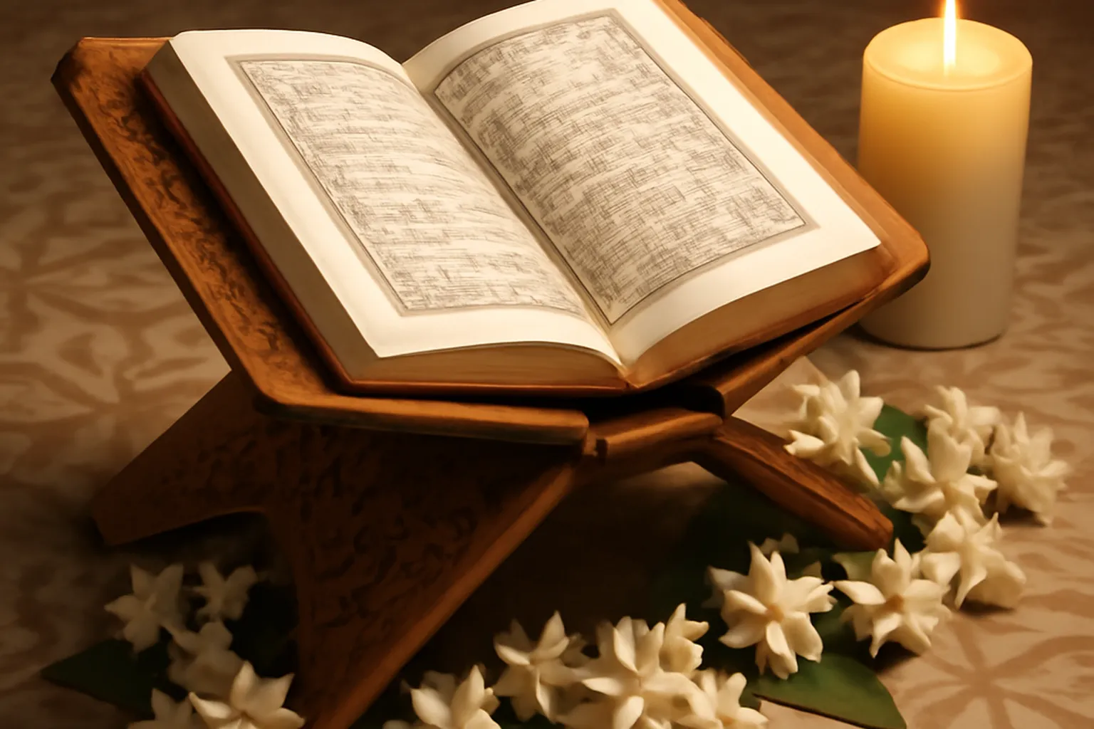 Livre ouvert sur des versets coraniques, contexte islamique