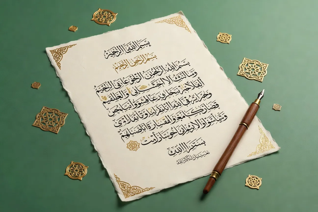 Contrat de mariage islamique avec calligraphie arabe et plume dorée