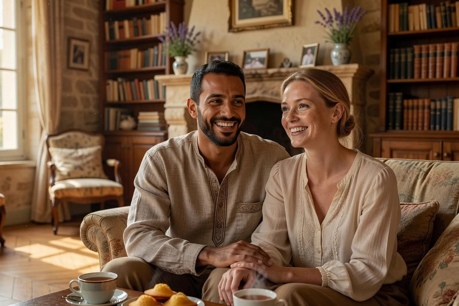 Couple interculturel souriant lors d'un mariage mixte en France