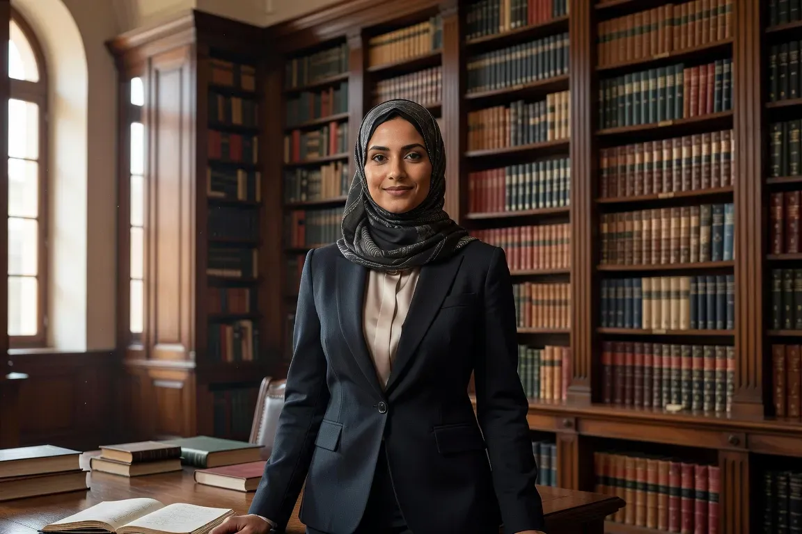 Portrait d'une universitaire musulmane en hijab moderne, cadre académique éclairé