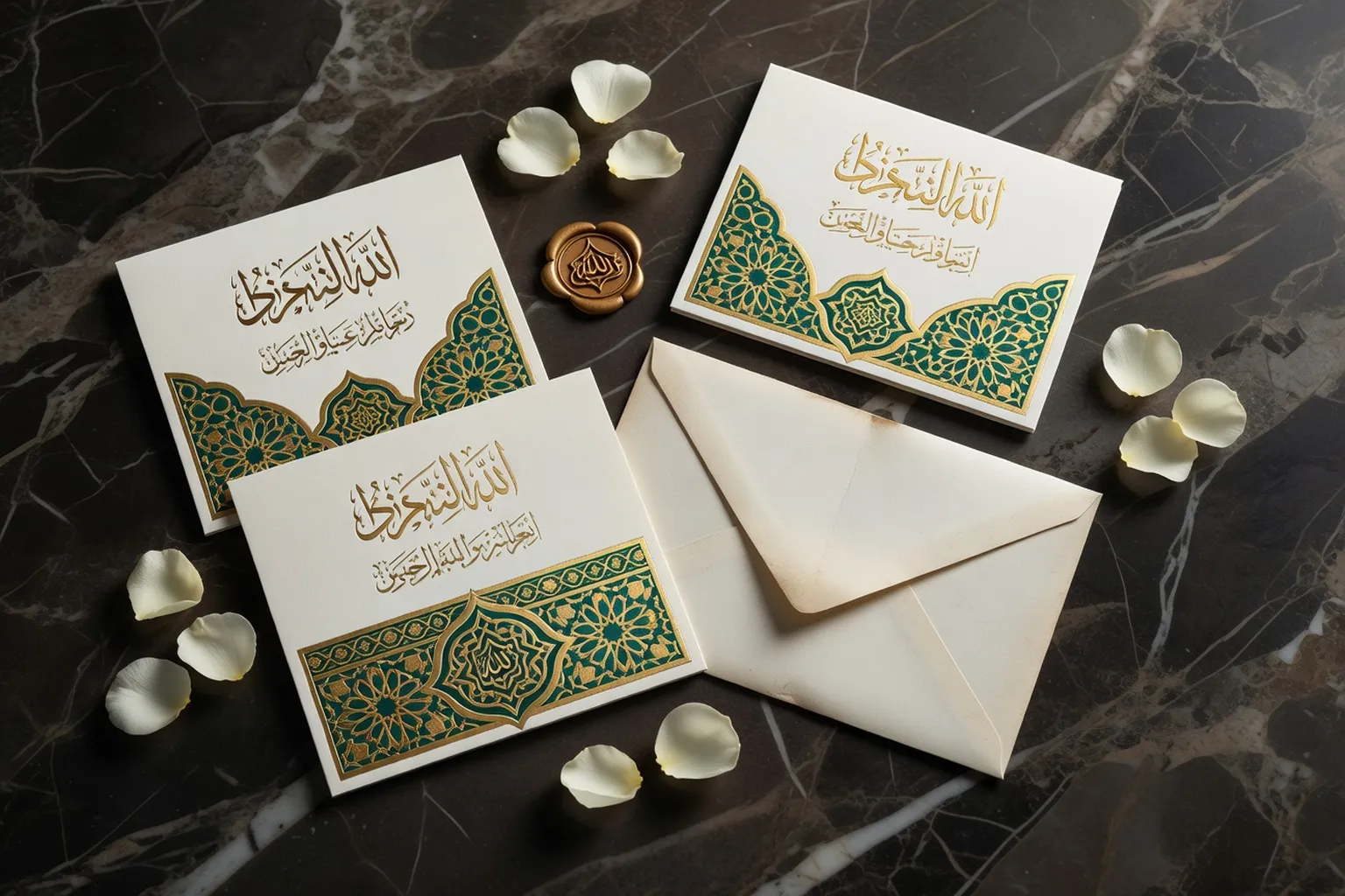 Faire-part de mariage islamique avec calligraphie arabe et ornements dorés
