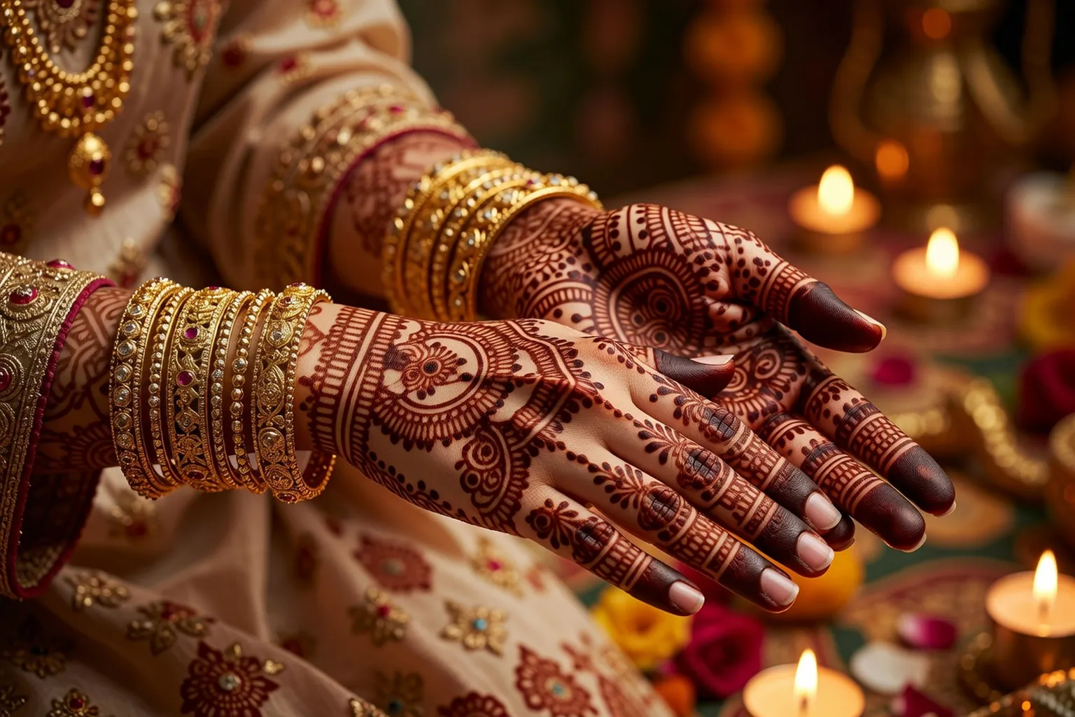 Mains de mariée ornées de motifs au henné pour la nuit du henné