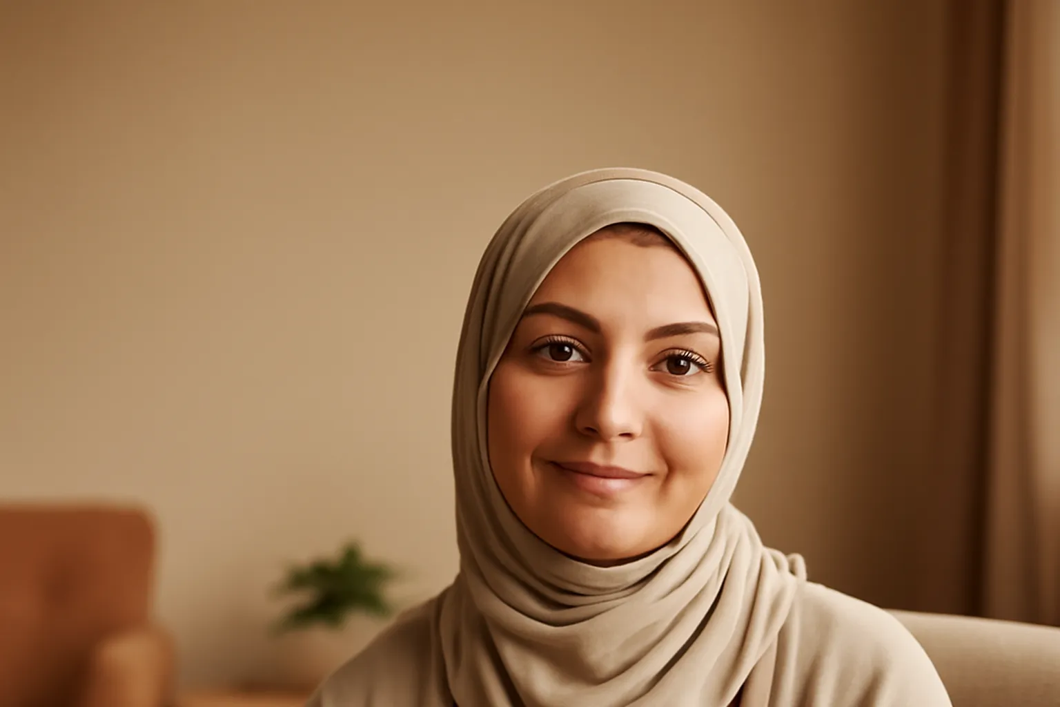 Portrait professionnel d'une conseillère conjugale souriante dans un cabinet chaleureux et apaisant