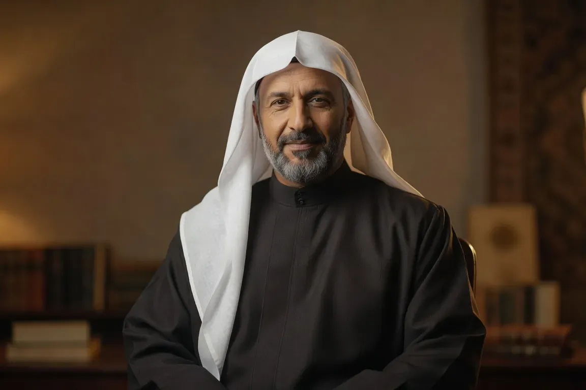 Portrait d'un imam en tenue traditionnelle, bureau islamique éclairé chaleureusement