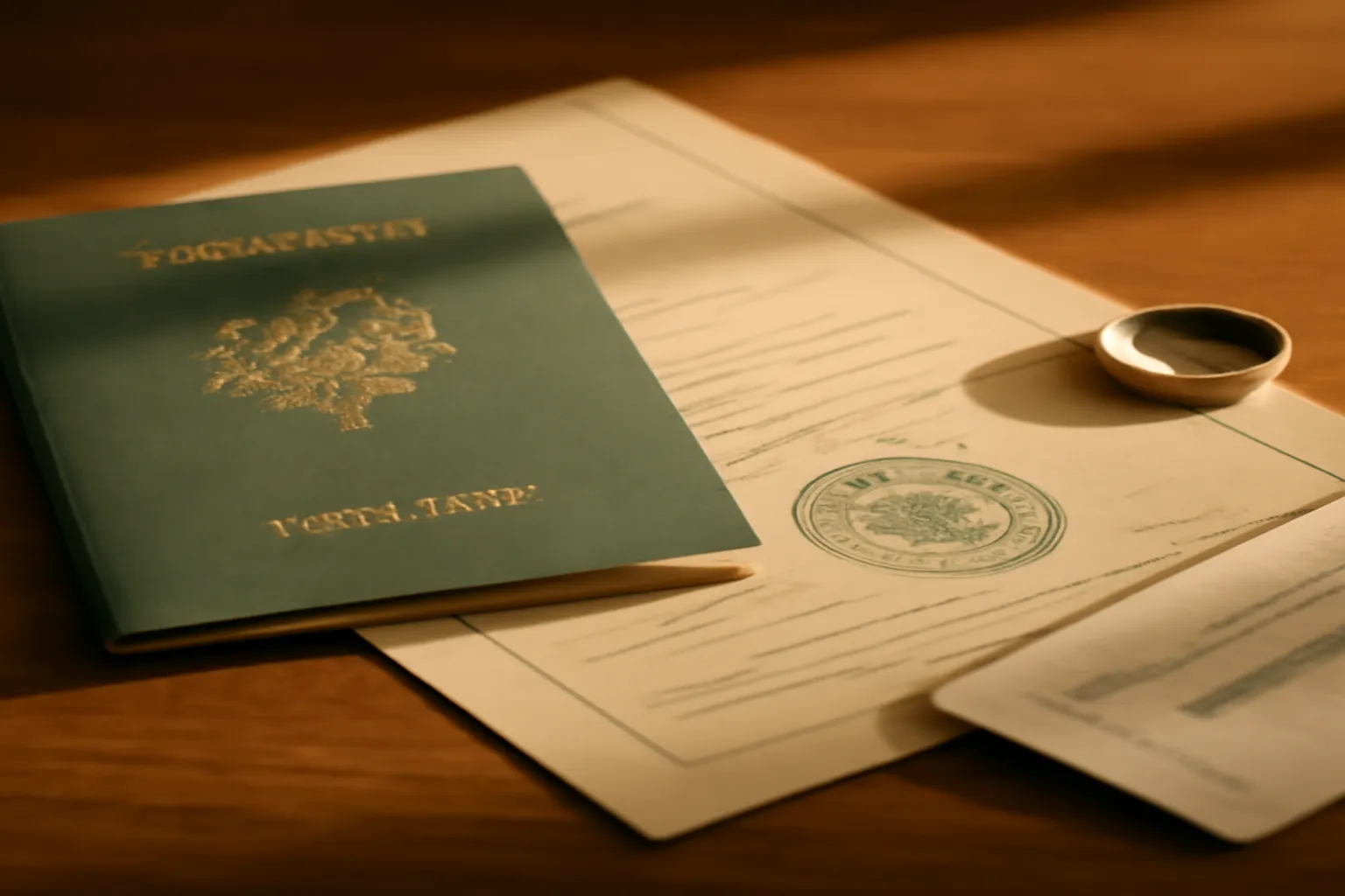 Passeport et documents administratifs posés sur une table avec une alliance, symbole du mariage international