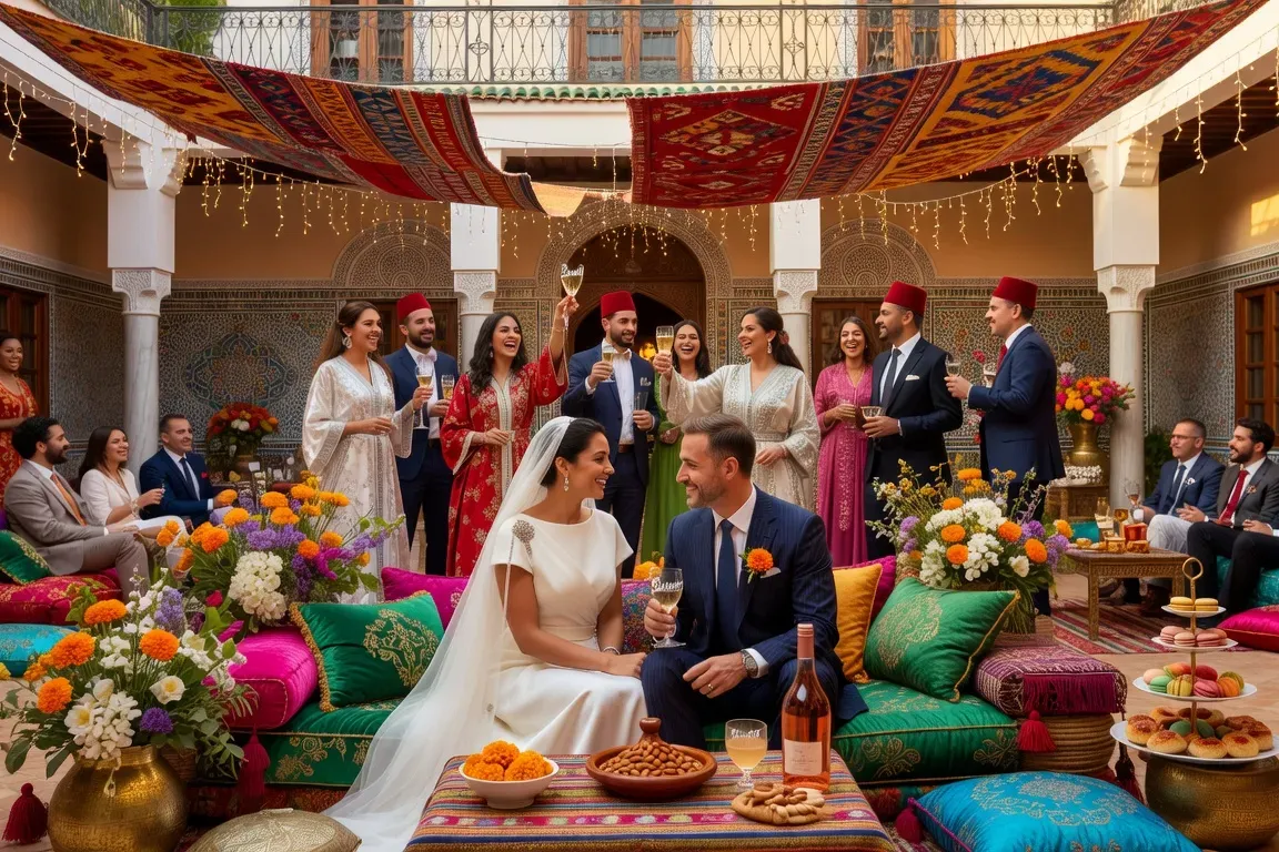 Célébration de mariage franco-marocain avec décorations traditionnelles et éléments contemporains
