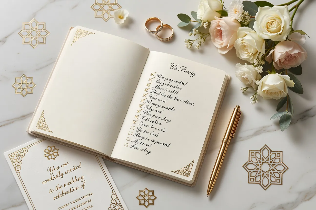 Carnet de notes organisé avec plume dorée et éléments de mariage islamique
